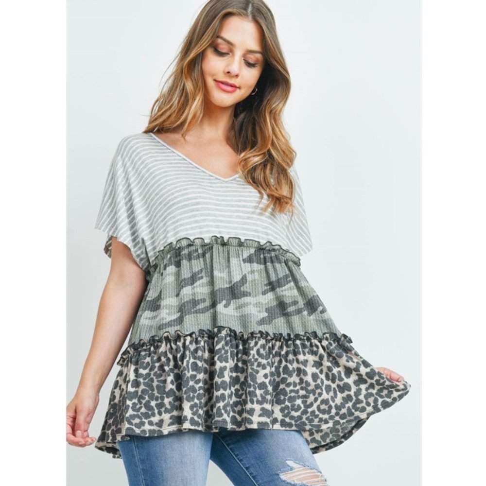 Camo, Leopard and Stripe V-Neck Top
